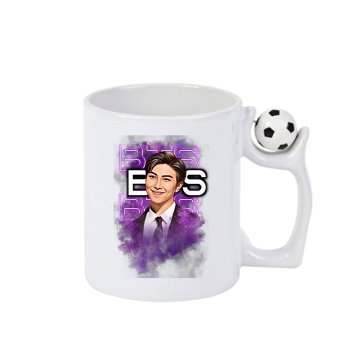 Cana cu formatia/trupa BTS RM, Cri-Flo, Ceramica, 330ml, Minge rotativa antistres, Maner si interior Alb-Negru