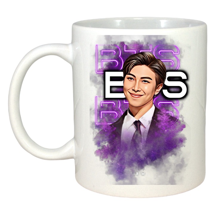 Cana cu formatia/trupa BTS RM, Cri-Flo, Ceramica, 330ml, Maner si interior Alb