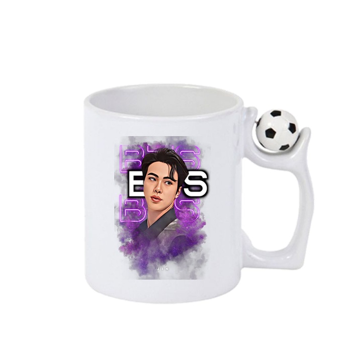 Cana cu formatia/trupa BTS JIMIN, Cri-Flo, Ceramica, 330ml, Minge rotativa antistres, Maner si interior Alb-Negru