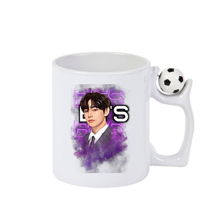 Cana cu formatia/trupa BTS V, Cri-Flo, Ceramica, 330ml, Minge rotativa antistres, Maner si interior Alb-Negru