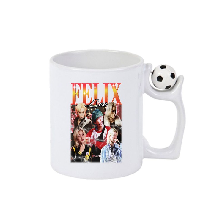 Cana cu formatia/trupa FELIX LEE, Cri-Flo, Ceramica, 330ml, Minge rotativa antistres, Maner si interior Alb-Negru