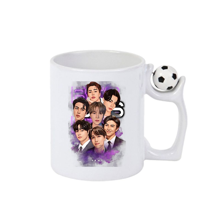 Cana cu formatia/trupa BTS ARMY, Cri-Flo, Ceramica, 330ml, Minge rotativa antistres, Maner si interior Alb-Negru