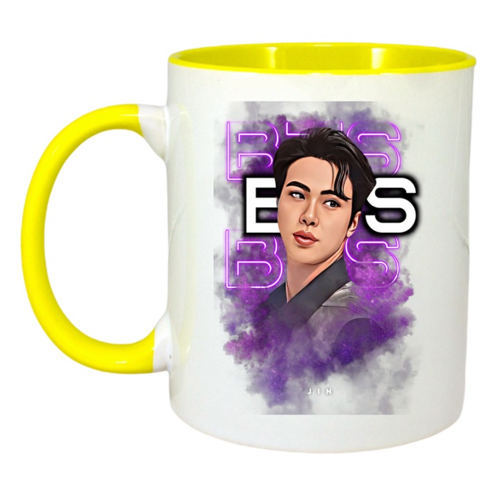 Cana cu formatia/trupa BTS JIMIN, Cri-Flo, Ceramica, 330ml, Maner si interior Galben