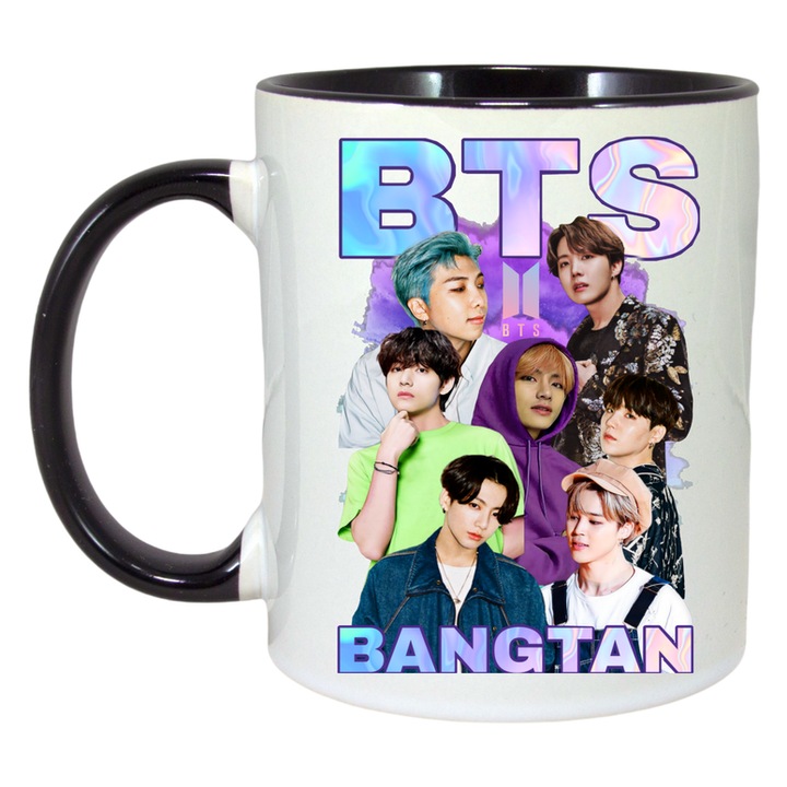 Cana cu formatia/trupa BTS BANGTAN, Cri-Flo, Ceramica, 330ml, Maner si interior Negru