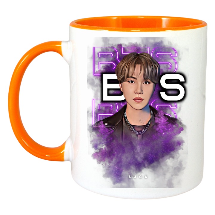 Cana cu formatia/trupa BTS SUGA, Cri-Flo, Ceramica, 330ml, Maner si interior Portocaliu
