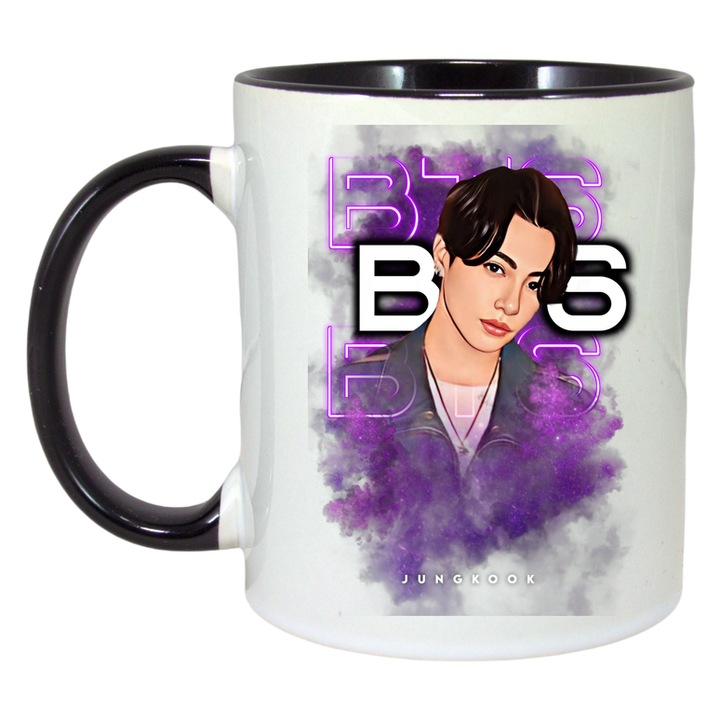 Cana cu formatia/trupa BTS JUNKKOOK, Cri-Flo, Ceramica, 330ml, Maner si interior Negru