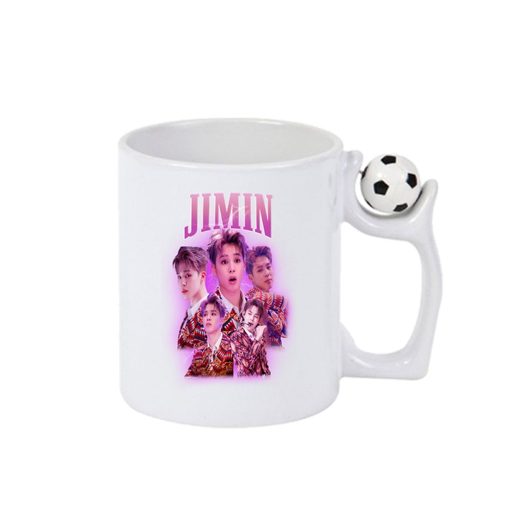 Cana cu formatia/trupa JIMIN 5, Cri-Flo, Ceramica, 330ml, Minge rotativa antistres, Maner si interior Alb-Negru