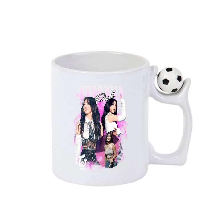 Cana cu formatia/trupa JIHYO, Cri-Flo, Ceramica, 330ml, Minge rotativa antistres, Maner si interior Alb-Negru