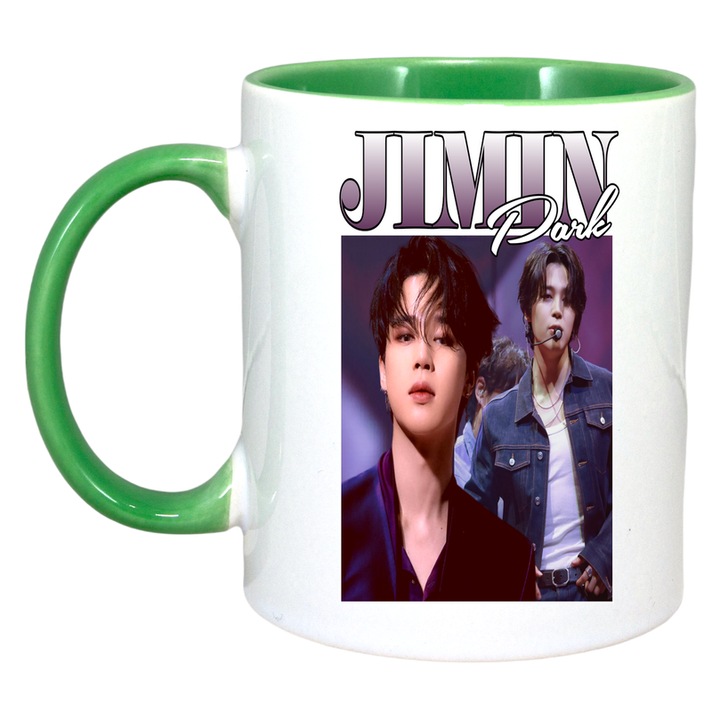 Cana cu formatia/trupa JIMIN, Cri-Flo, Ceramica, 330ml, Maner si interior Verde