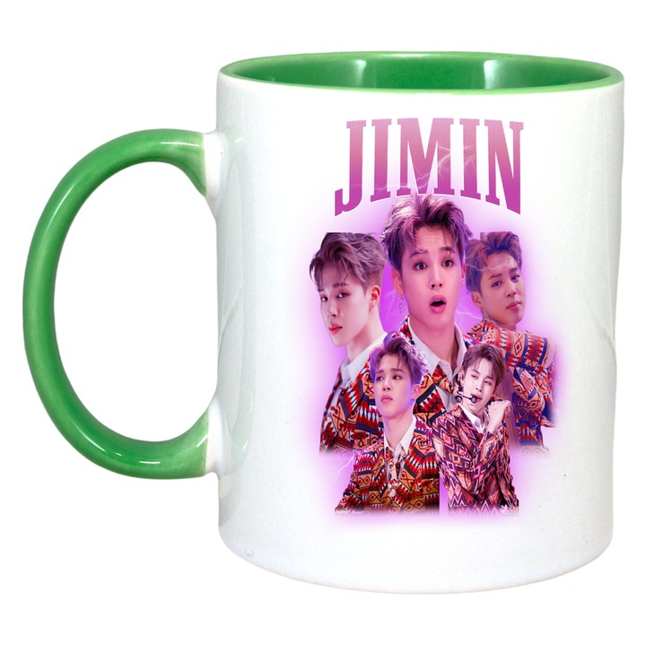 Cana cu formatia/trupa JIMIN 5, Cri-Flo, Ceramica, 330ml, Maner si interior Verde