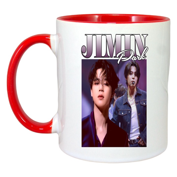 Cana cu formatia/trupa JIMIN, Cri-Flo, Ceramica, 330ml, Maner si interior Rosu