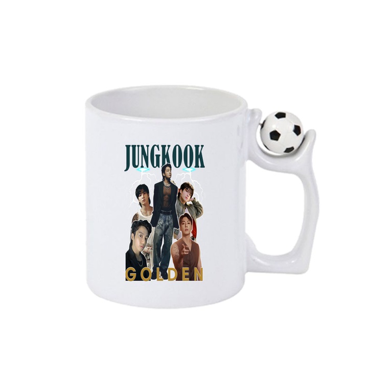Cana cu formatia/trupa JUNGKOOK GOLDEN, Cri-Flo, Ceramica, 330ml, Minge rotativa antistres, Maner si interior Alb-Negru