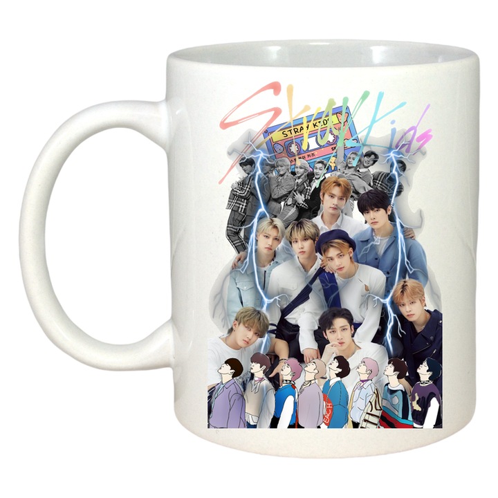 Cana cu formatia/trupa stray kids 3, Cri-Flo, Ceramica, 330ml, Maner si interior Alb