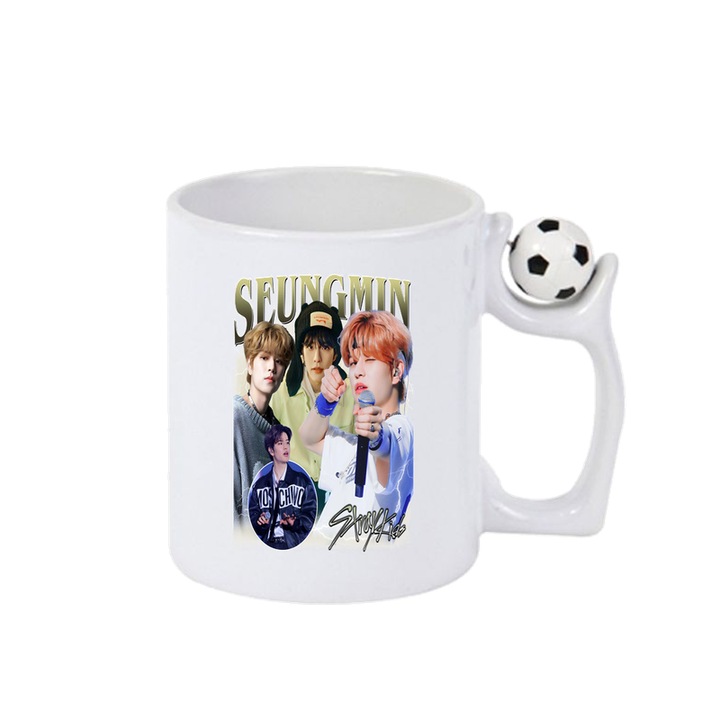 Cana cu formatia/trupa SEUNGMIN, Cri-Flo, Ceramica, 330ml, Minge rotativa antistres, Maner si interior Alb-Negru