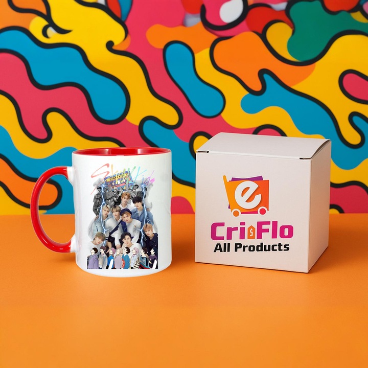 Cana cu formatia/trupa stray kids 3, Cri-Flo, Ceramica, 330ml, Maner si interior Rosu
