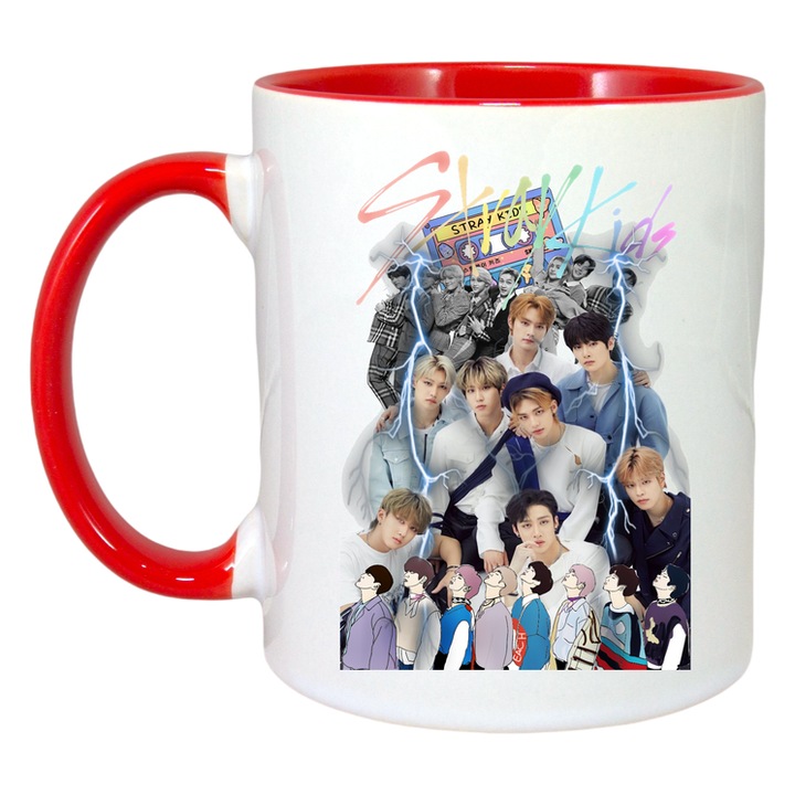 Cana cu formatia/trupa stray kids 3, Cri-Flo, Ceramica, 330ml, Maner si interior Rosu