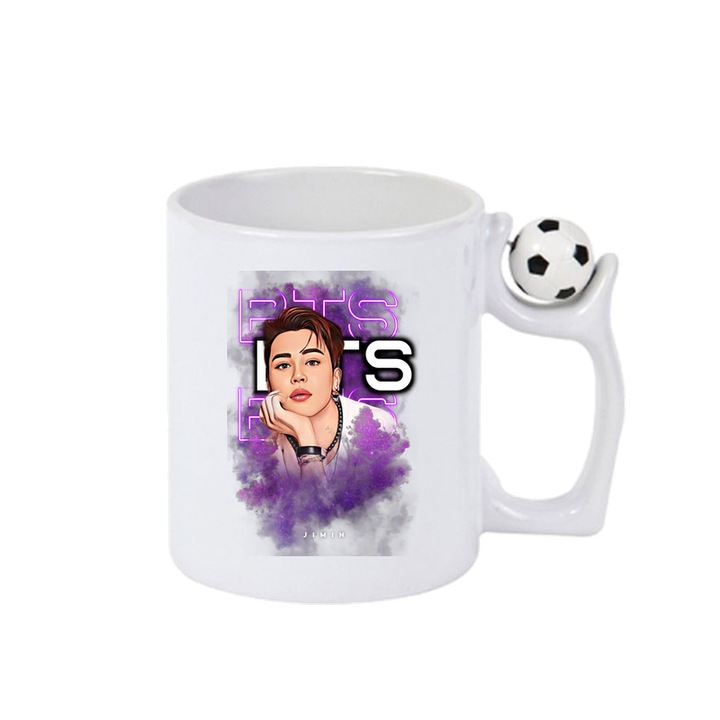 Cana cu formatia/trupa BTS JIM, Cri-Flo, Ceramica, 330ml, Minge rotativa antistres, Maner si interior Alb-Negru