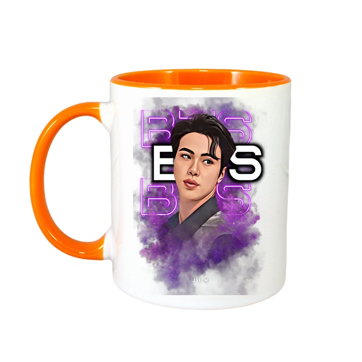 Cana cu formatia/trupa BTS JIMIN, Cri-Flo, Ceramica, 330ml, Maner si interior Portocaliu