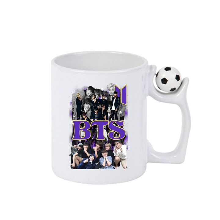 Cana cu formatia/trupa BTS 8, Cri-Flo, Ceramica, 330ml, Minge rotativa antistres, Maner si interior Alb-Negru