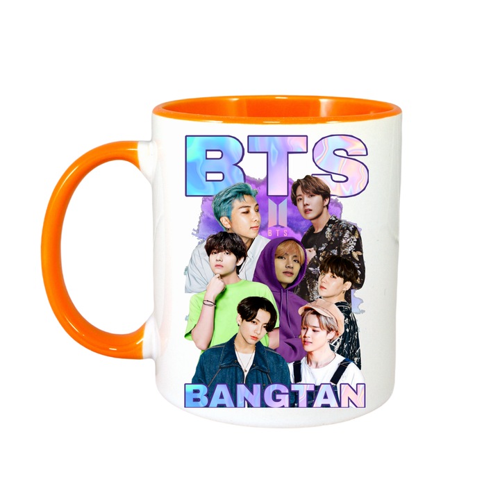Cana cu formatia/trupa BTS BANGTAN, Cri-Flo, Ceramica, 330ml, Maner si interior Portocaliu