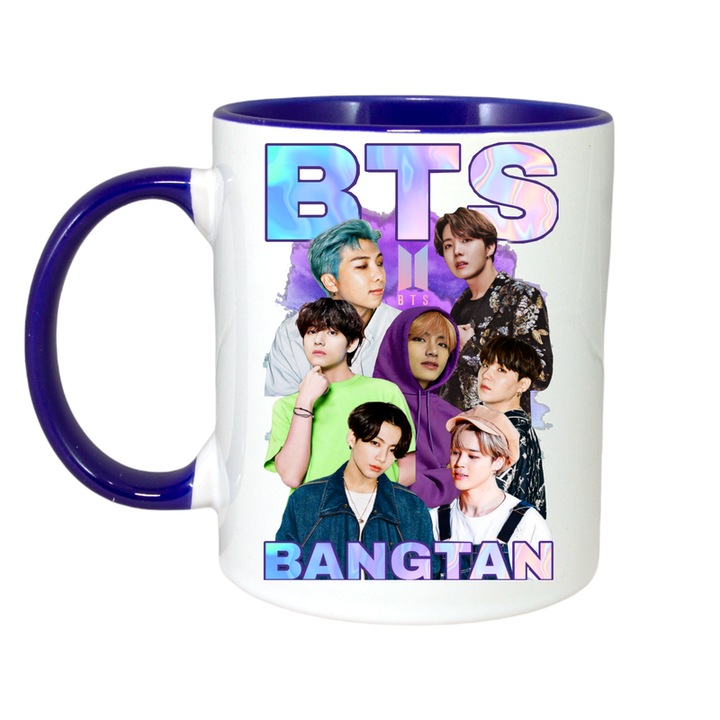 Cana cu formatia/trupa BTS BANGTAN, Cri-Flo, Ceramica, 330ml, Maner si interior Albastru