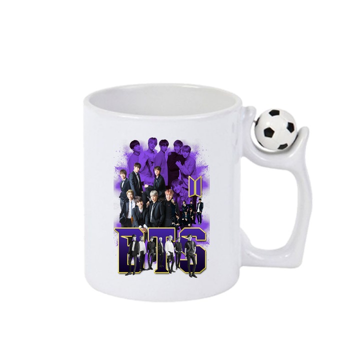 Cana cu formatia/trupa BTS 1, Cri-Flo, Ceramica, 330ml, Minge rotativa antistres, Maner si interior Alb-Negru