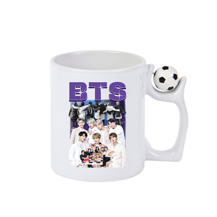 Cana cu formatia/trupa BTS 10, Cri-Flo, Ceramica, 330ml, Minge rotativa antistres, Maner si interior Alb-Negru