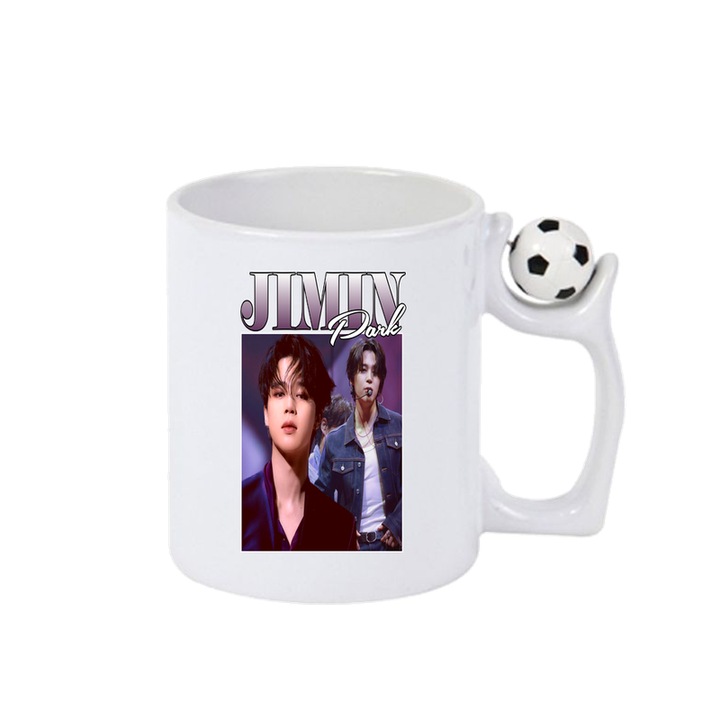 Cana cu formatia/trupa JIMIN, Cri-Flo, Ceramica, 330ml, Minge rotativa antistres, Maner si interior Alb-Negru