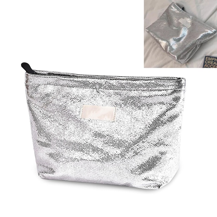 Geanta Cosmetice Voiaj, ZGGZERG, Geanta mare capacitate cosmetice, Organizator pentru cosmetice si bijuterii, Metal Fermoar, Deschidebil, Usor de transportat si de curatat, Pentru calatorii zilnice, vacante, panza, 19x5x26cm, argint