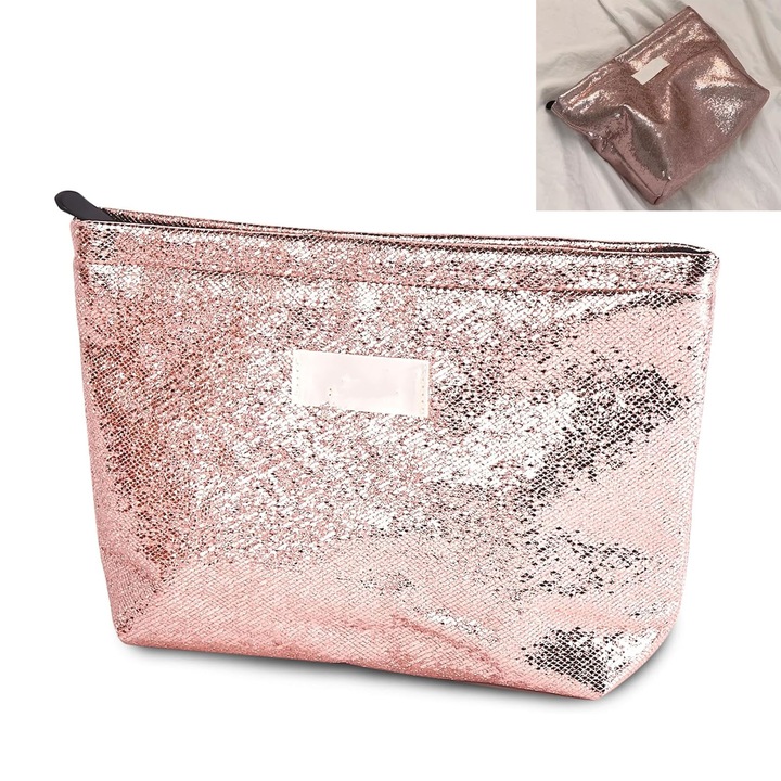 Geanta Cosmetice Voiaj, ZGGZERG, Geanta mare capacitate cosmetice, Organizator pentru cosmetice si bijuterii, Metal Fermoar, Deschidebil, Usor de transportat si de curatat, Pentru calatorii zilnice, vacante, panza, 19x5x26cm, Roz