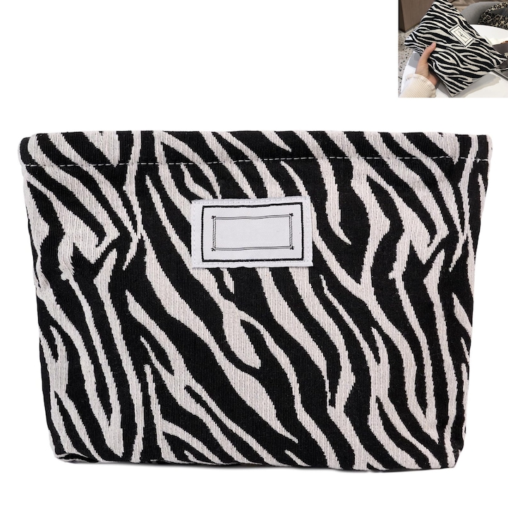 Geanta mare capacitate cosmetice, ZGGZERG, Geanta Cosmetice Voiaj, ZGGZERG, Geanta de toaleta, Zebra, Impermeabil, Usor de transportat si de curatat, Pentru calatorii zilnice, vacante, panza/Poliester, 16*25cm, Alb-negru