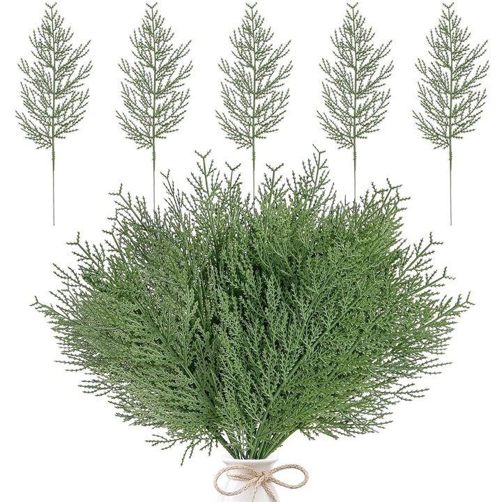 Planta artificiala, SINBINTA, Set de 50 crengute artificiale de pin, Utilizare indelungata, Reutilizabile, Nu se va decolora si nu se va deforma, Impermeabile, Ideale pentru brad, ghirlande si aranjamente florale, Plastic, 34*11cm, Verde