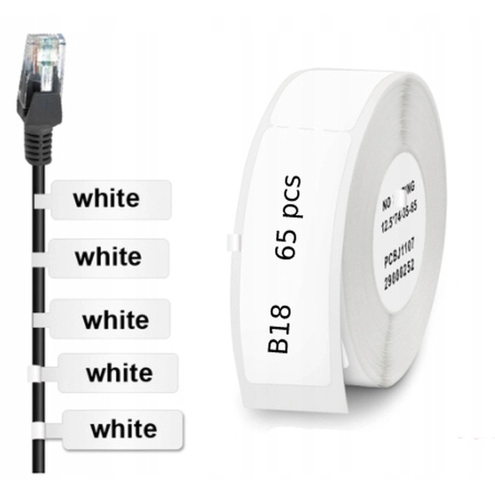 Etichete Autoadezive Profesionale Edibazzar pentru Cabluri NIIMBOT B18, 12.5x109mm, Rola 65 Bucati, Alb. Consumabil Durabil, Rezistent la Apa, Ulei, Zgarieturi. Organizare Eficienta Cabluri: Birou, Casa, Atelier, IT. Compatibil Imprimanta