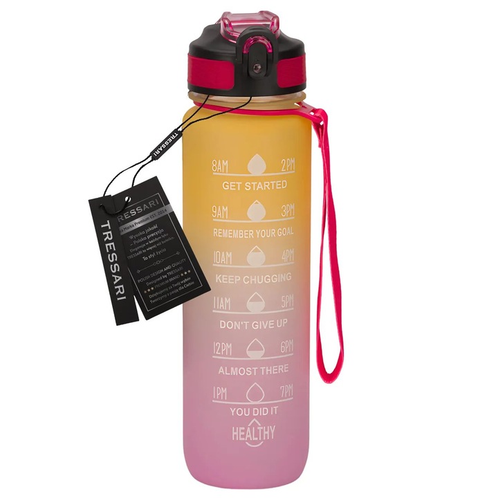 Bidon sport 1L TRESSARI din PC, roz-galben, cu pai si capac, fara BPA, curea de transport