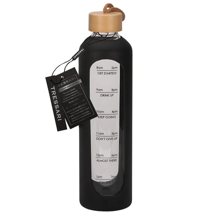 Bidon de apă sport TRESSARI 1L, borosilicată, fără BPA, neagră