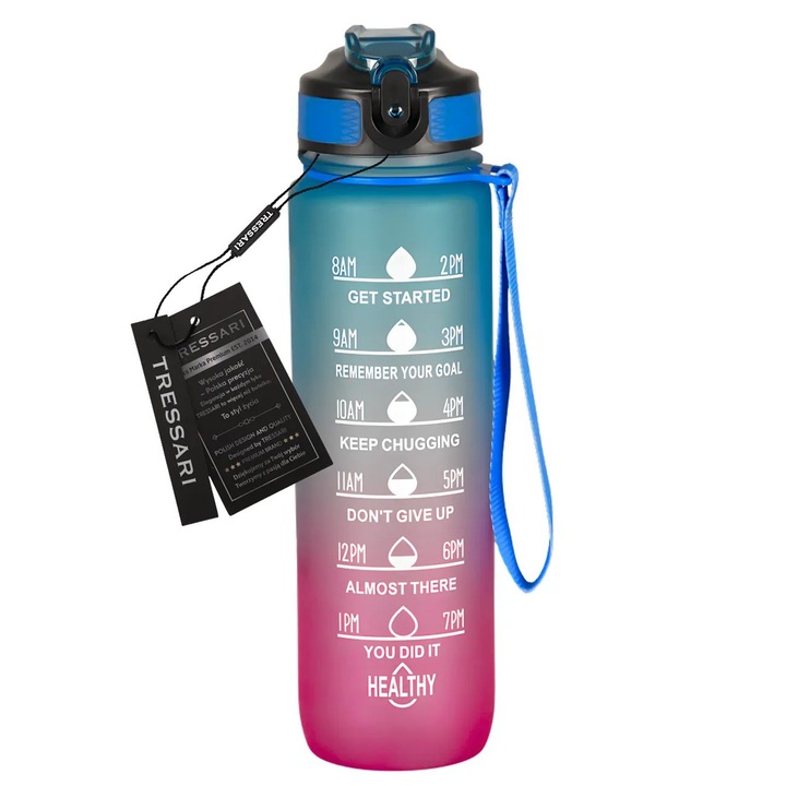 Bidon sport 1L, TRESSARI, Tritan, Fara BPA, albastru-roz, cu pai si curea de transport