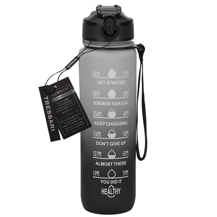 Bidon sport 1L TRESSARI Tritan, alb-negru, cu pai, curea pentru transport