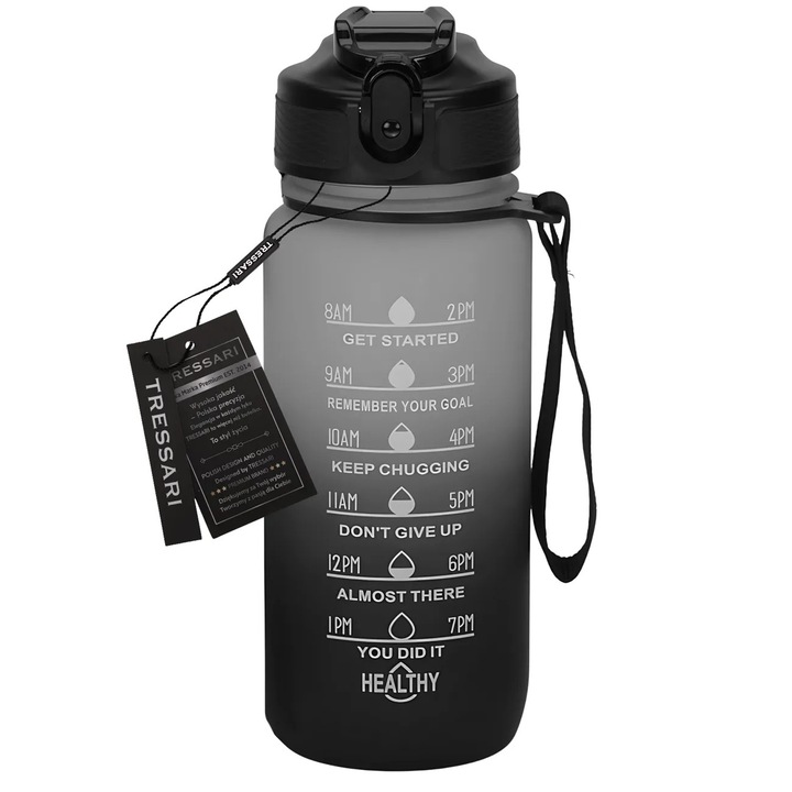 Bidon sport 600ml, TRESSARI, Tritan, alb-negru, cu pai si capac