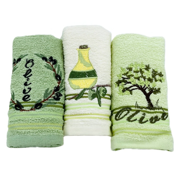 Prosop bucatarie, bumbac, multicolor, model masline 3, 30 x 50 cm, set 3 bucati