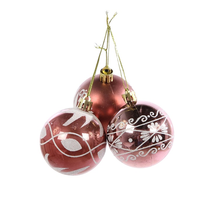 Globuri de Craciun, visinii, SYQC-0119160, 6 cm, plastic, rotunde, set 3 bucati