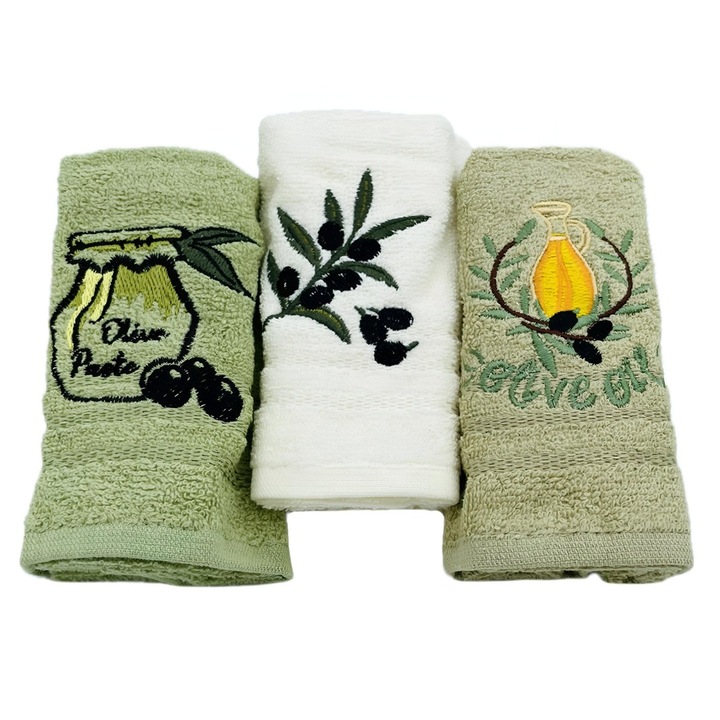 Prosop bucatarie, bumbac, multicolor, model masline 2, 30 x 50 cm, set 3 bucati