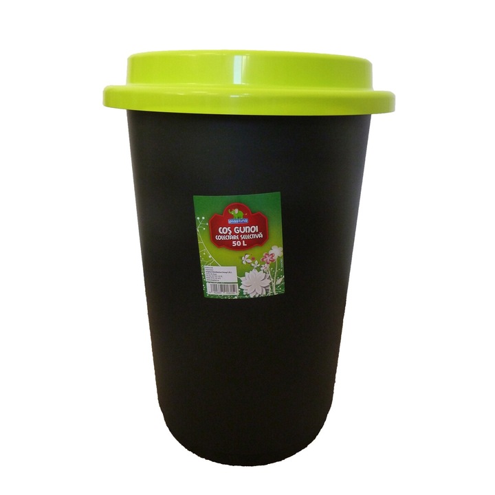 Cos gunoi colectare selectiva Plastina din plastic, forma cilindrica, negru, cu capac verde, 50L