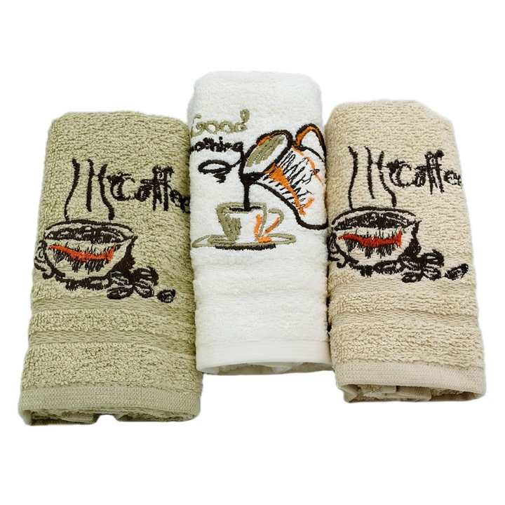 Prosop bucatarie, bumbac, multicolor, model cafea 2, 30 x 50 cm, set 3 bucati