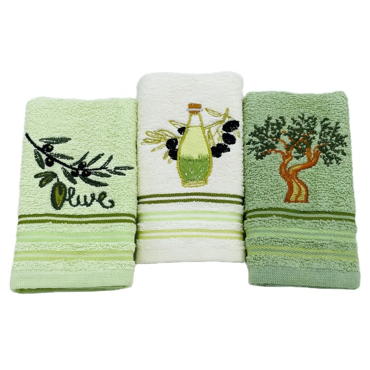 Prosop bucatarie, bumbac, multicolor, model masline 1, 30 x 50 cm, set 3 bucati