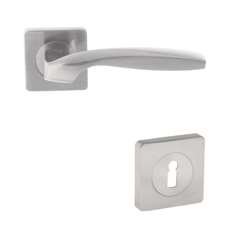 Maner cu rozeta patrata pentru usa lemn, Dubai Gato BB(K) RS55SN, zamac, satin nichel, 130 x 55 mm
