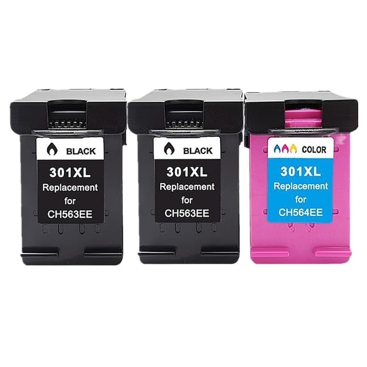 Kit de 3 Cartuse Inkjet 301xl Black, 301xl Color Compatibile HP DeskJet 1050, 2050, 2050S, 1000, 3000.3050, J610A, 2514, Envy 4500 e-All-in-One / Deskjet 1510 All-in-One, Deskjet 1010 / Deskjet 2540 All-in-One, Officejet 4630, Envy 5532, Envy 4508