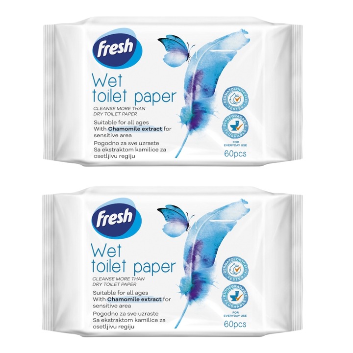 Комплект от 2 бр. мокра тоалетна хартия Fresh De Luxe, лайка, 60 бр.