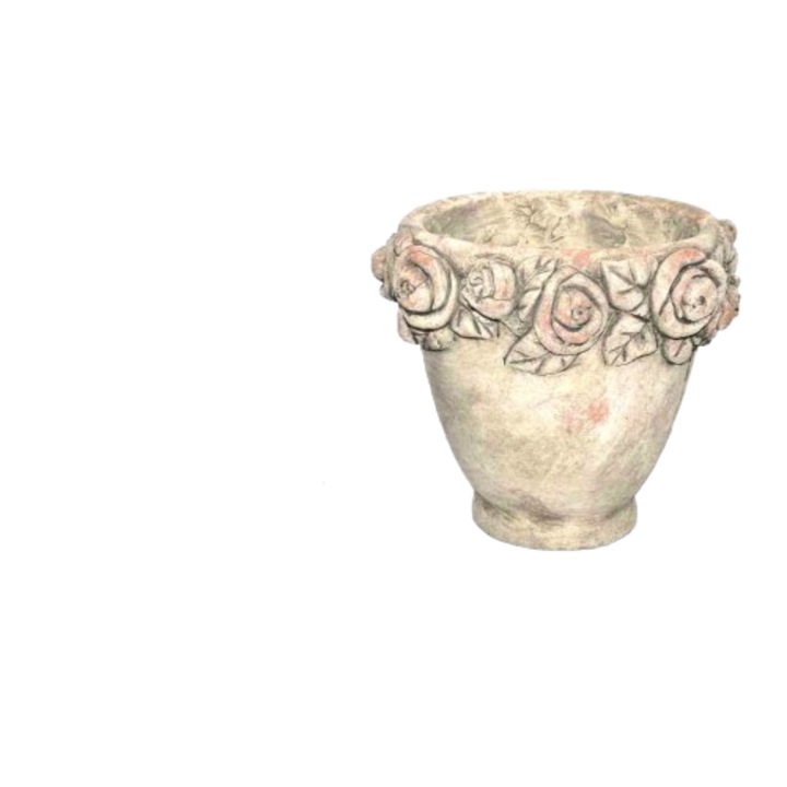Ghiveci decorativ ceramic cu trandafiri in relief, gri antichizat, Ø21/15 cm, H 18 cm