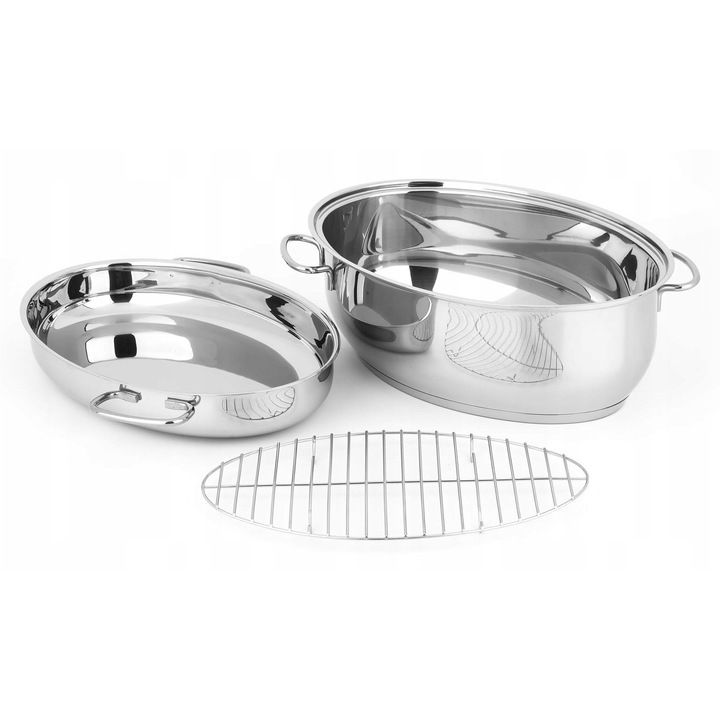 Tava ovala cu capac si gratar Nois, Otel inoxidabil, 38x25x12 cm, 9L