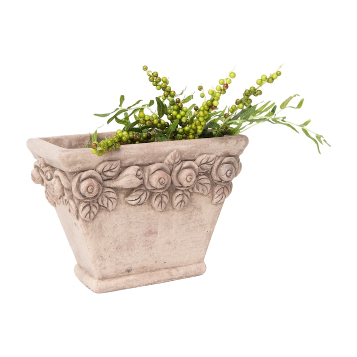 Dekoratív téglalap alakú kerámia kaspó, dombornyomott rózsákkal, 23x17x14 cm